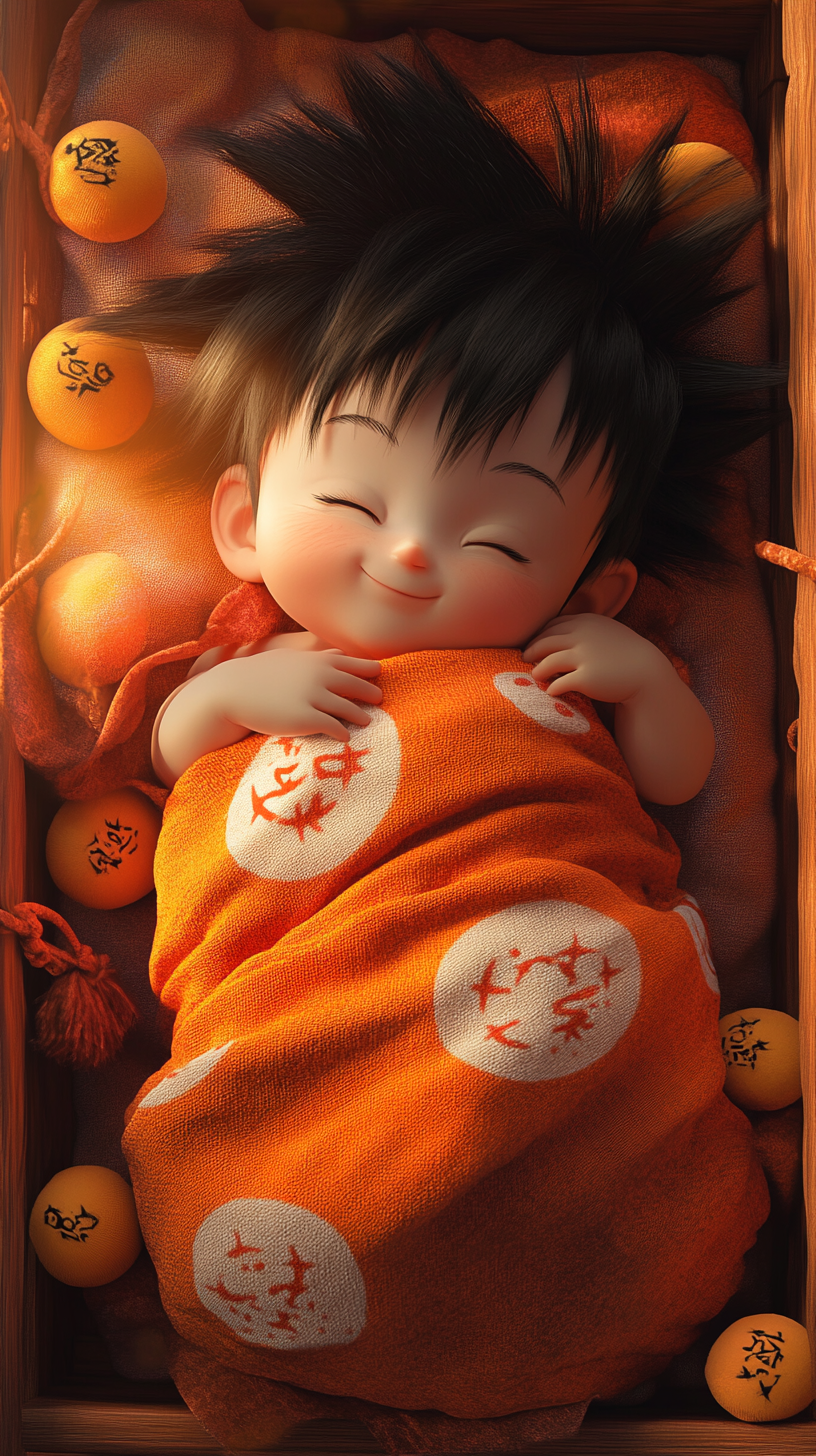 Baby Goku sleeping in crib with Dragon Balls, cozy setting.