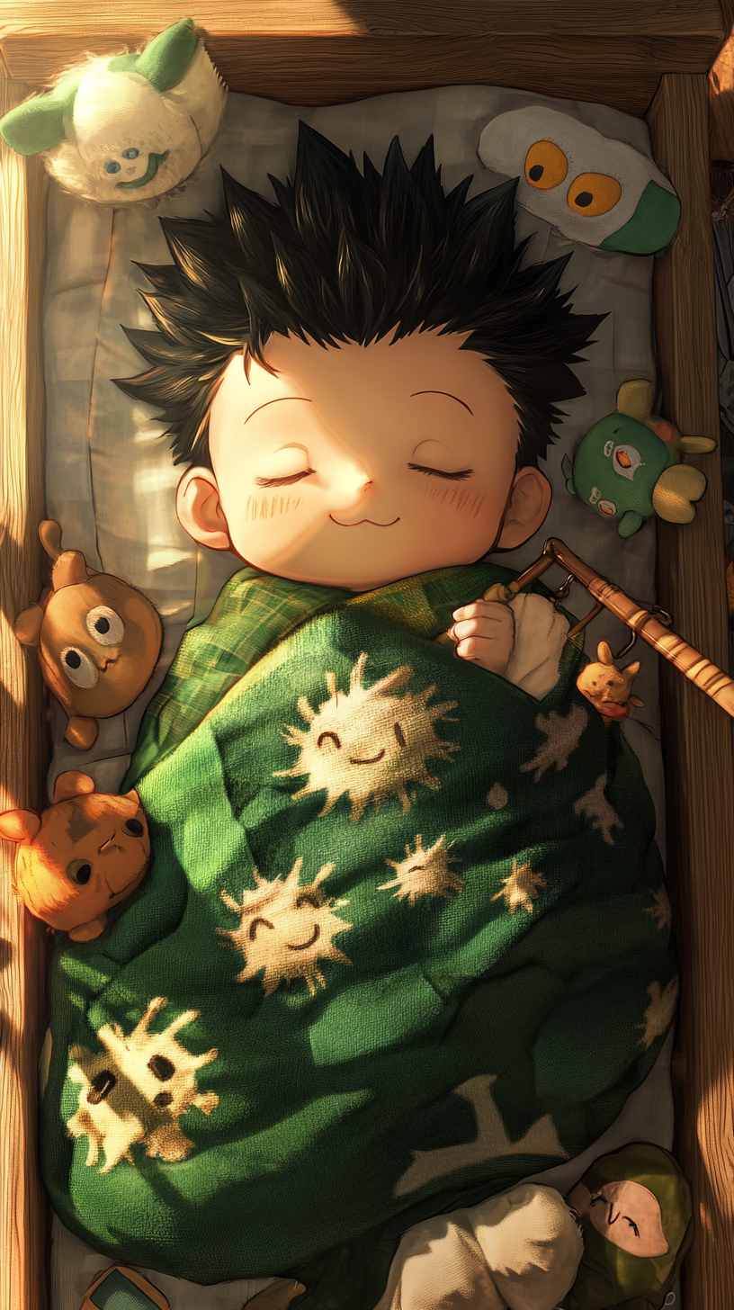 Baby Gon sleeping peacefully, surrounded by cute Hunter x Hunter items.