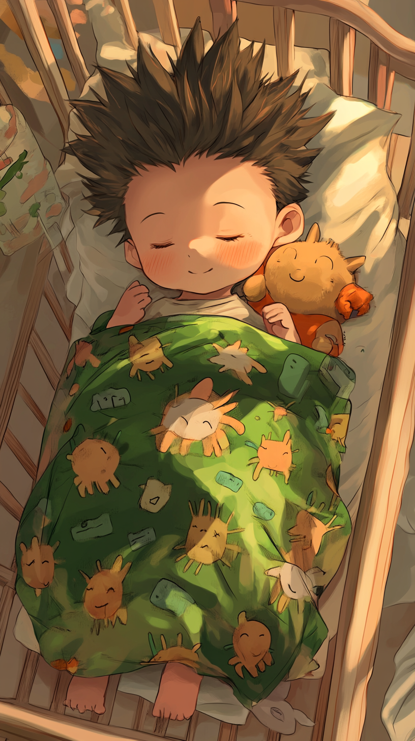 Baby Gon sleeping peacefully in 'uwu' style, surrounded by plush toys.