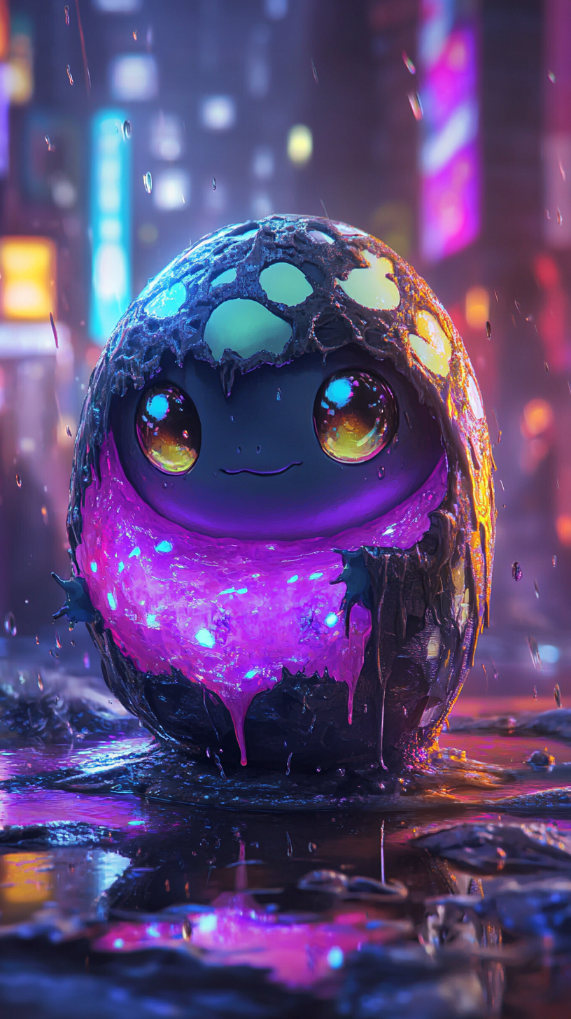 Baby Grimer hatching from gooey egg in colorful cityscape.