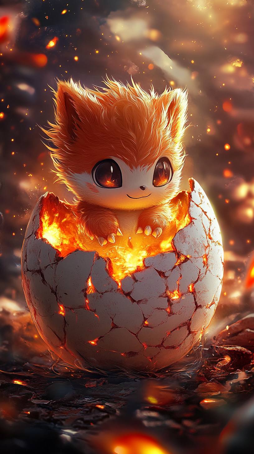 Baby Growlithe hatching from glowing egg with fiery patterns.