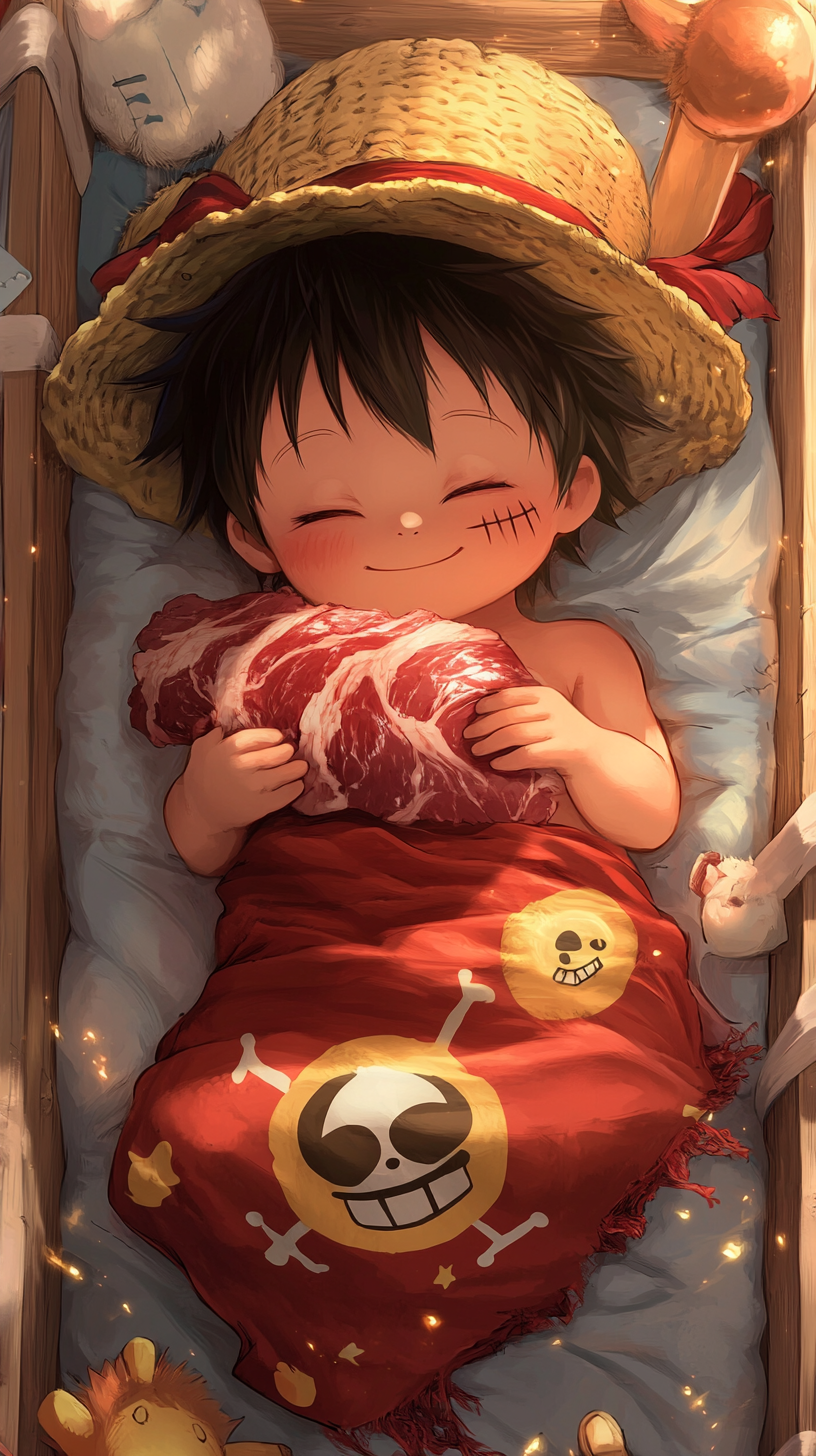 Baby Luffy in a cute 'uwu' style, sleeping peacefully.