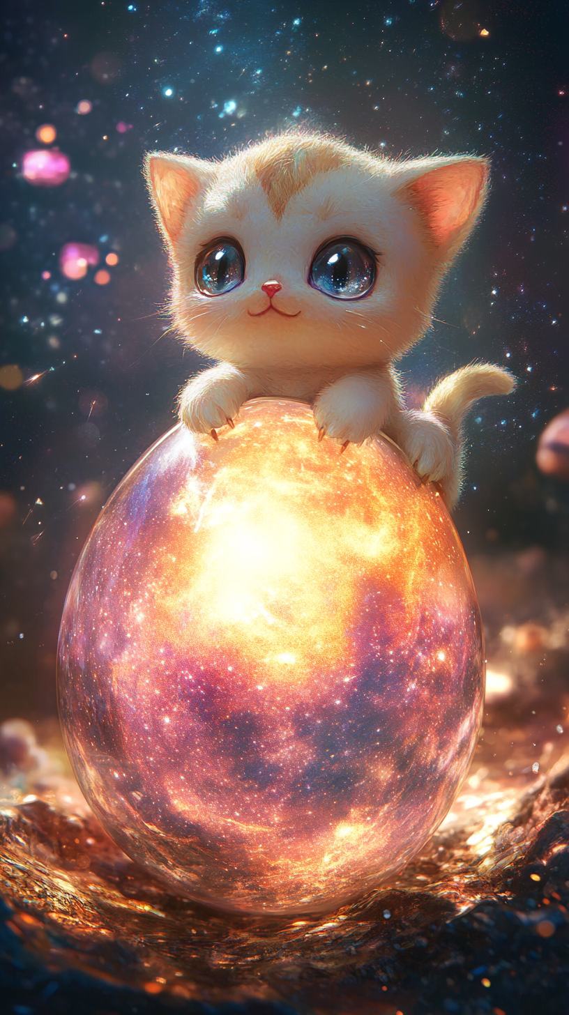 Baby Mew hatching from cosmic egg in dreamy sky.