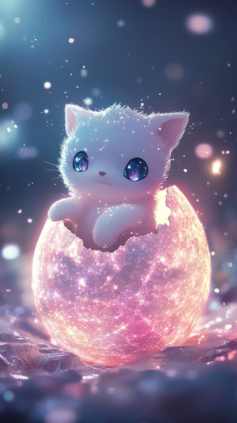 Baby Mew in cracked egg, glowing cosmic patterns.