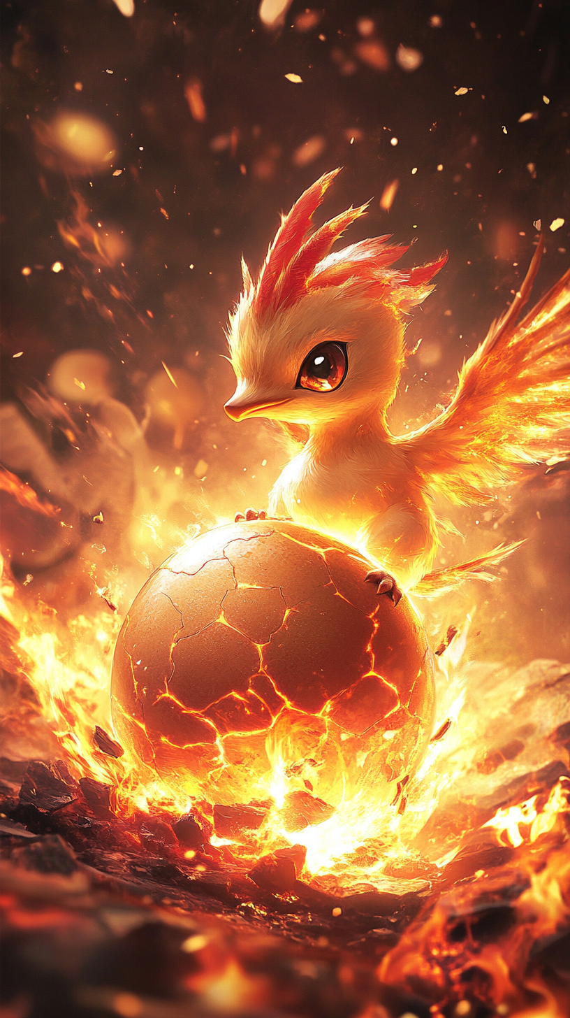 Baby Moltres hatching from fiery egg in stunning detail.