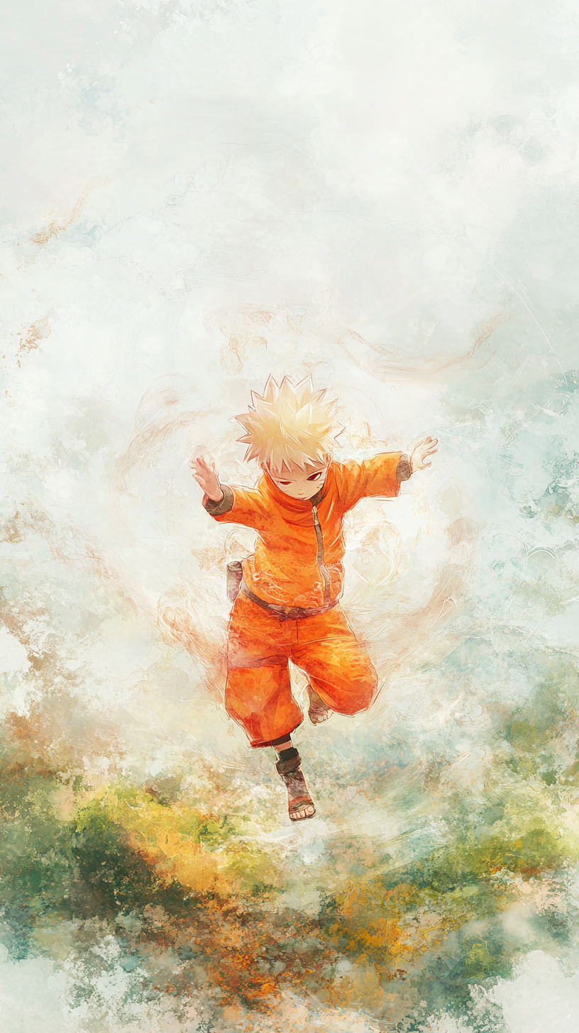 Baby Naruto in watercolor style engaged in gentle battle.