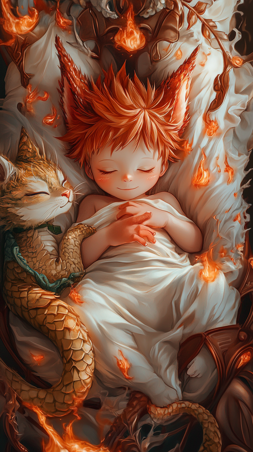 Baby Natsu with flames, dragon cradle, Happy plush.