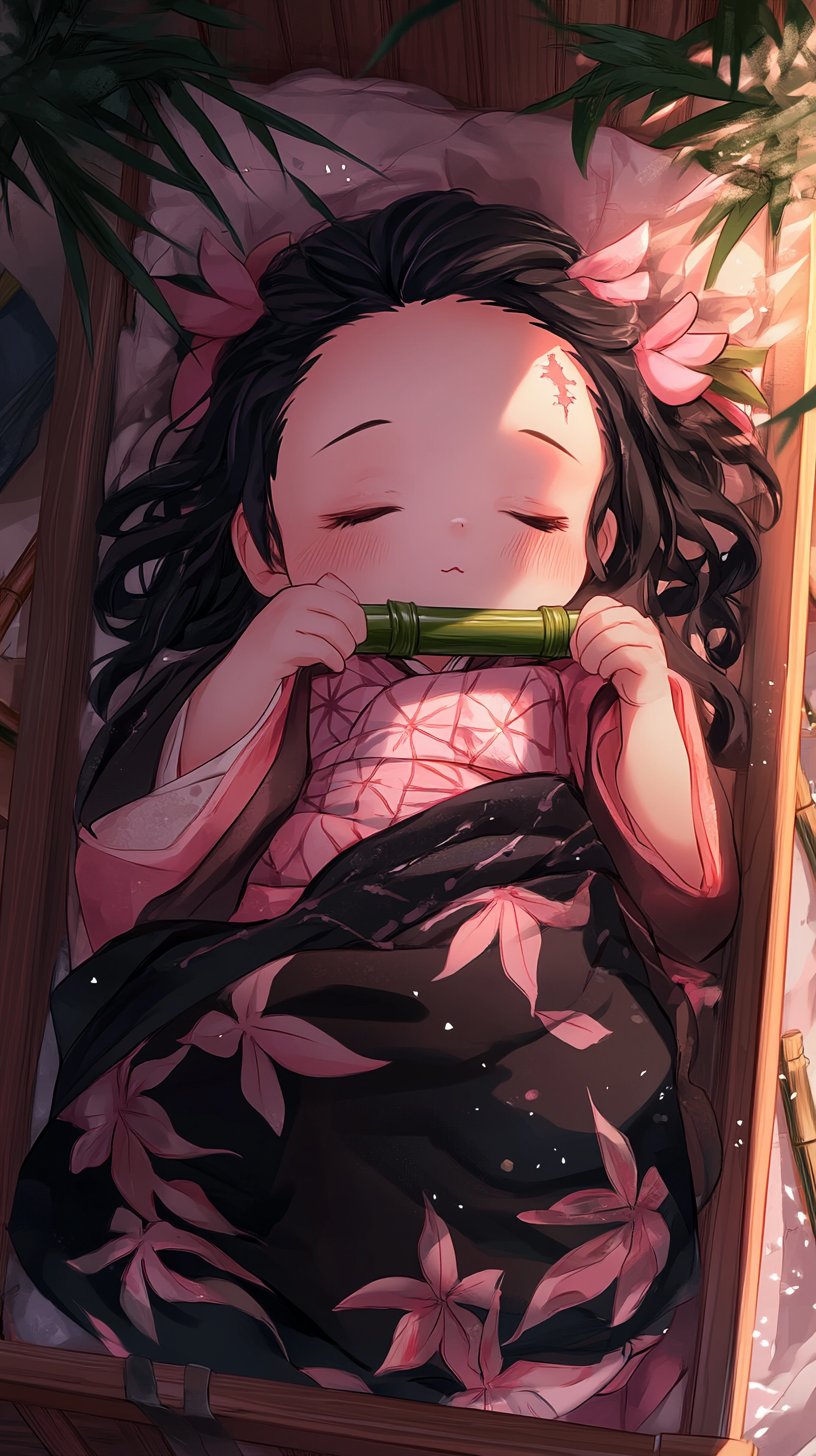 Baby Nezuko sleeping peacefully in cozy crib surrounded by toys.