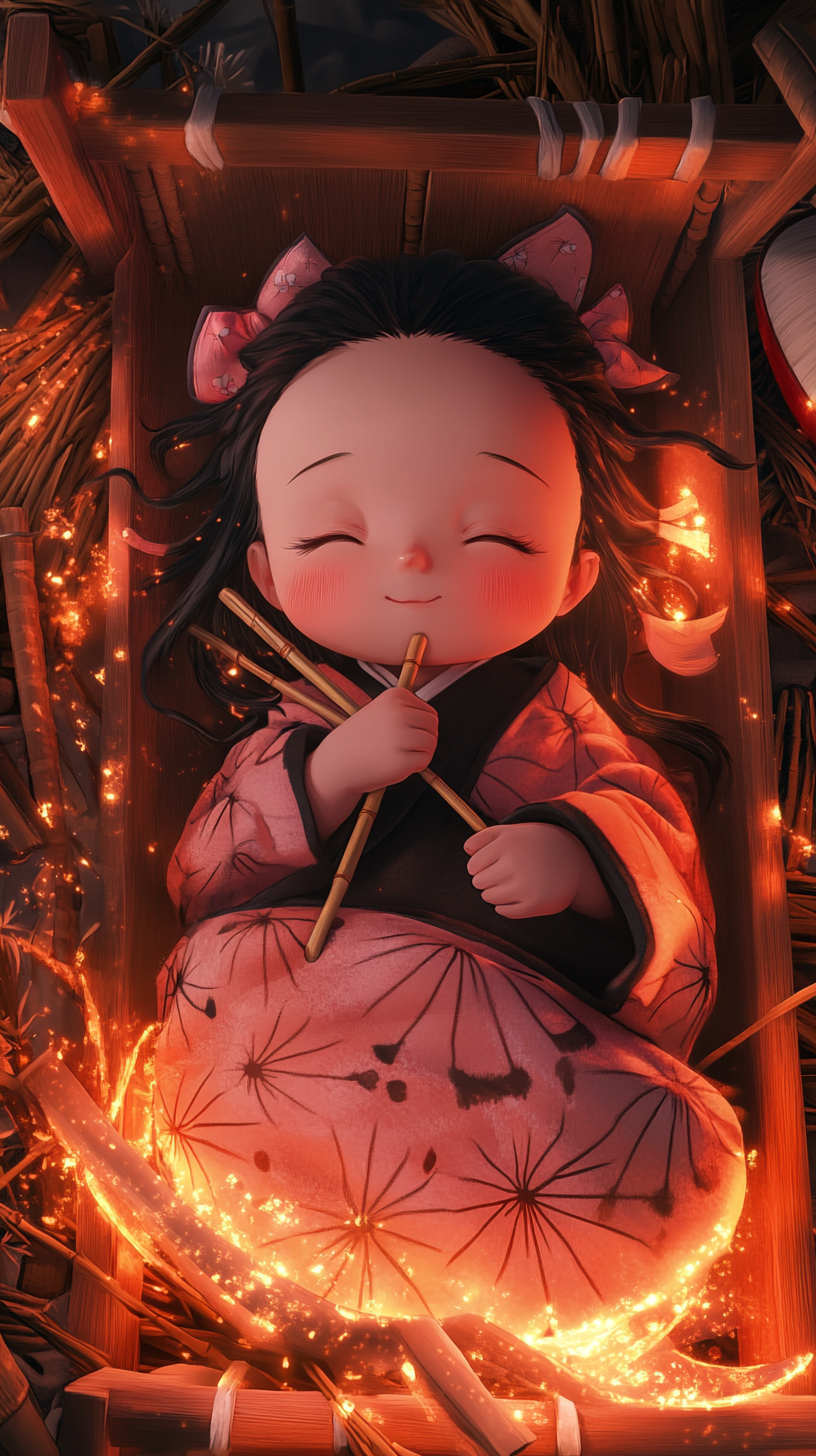 Baby Nezuko sleeping peacefully in demon slayer-themed crib.