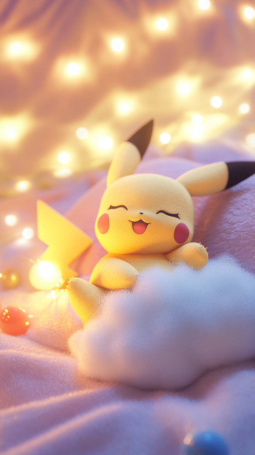 Baby Pikachu cuddling cloud pillow in pastel colored bedroom.