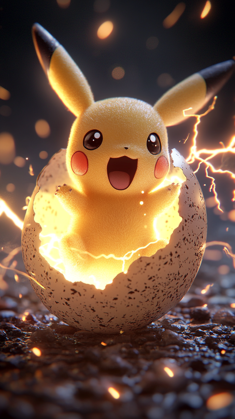 Baby Pikachu hatching from egg, surrounded by sparks. Smiling.