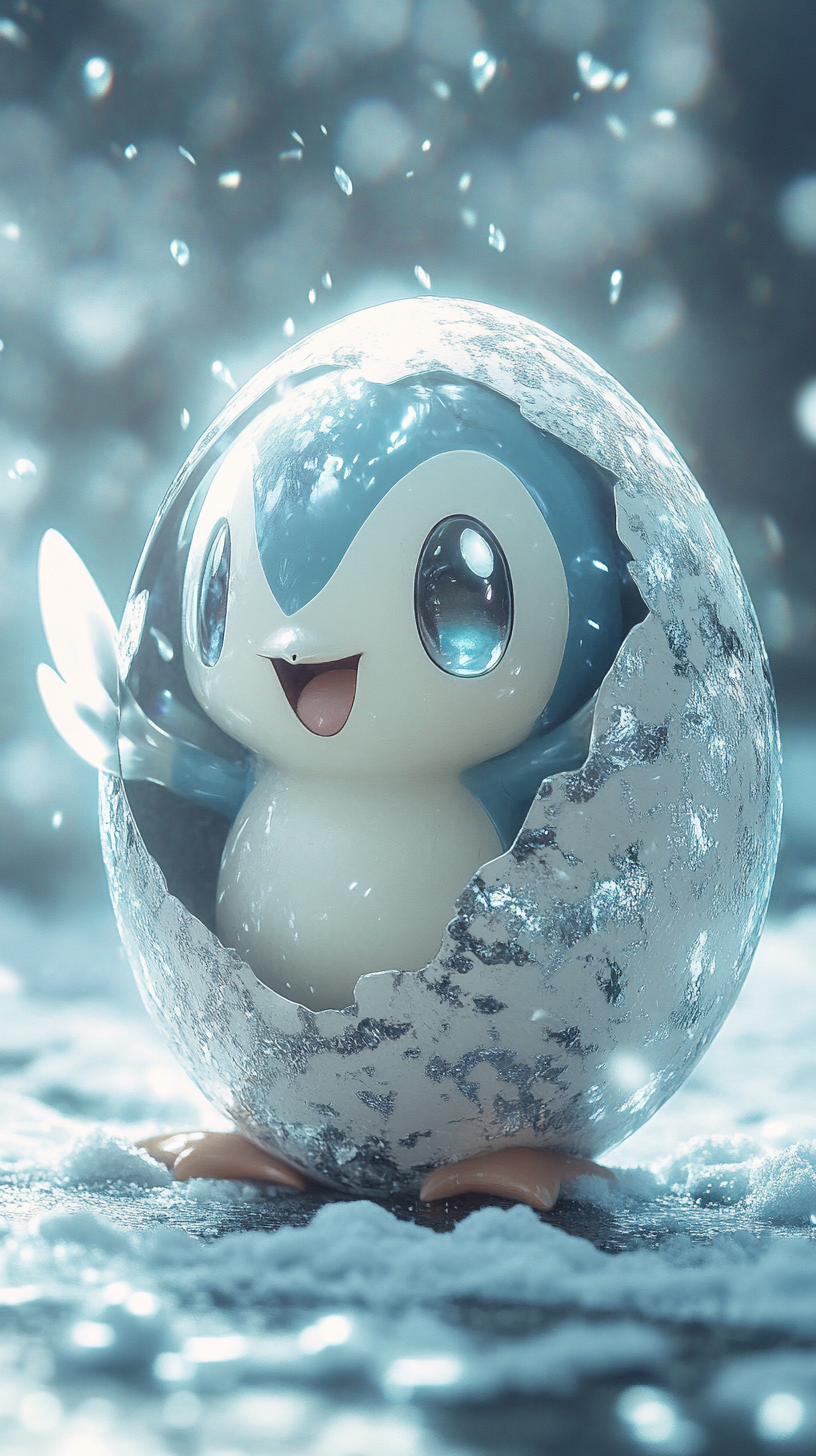 Baby Piplup hatching from icy egg in snowy landscape.