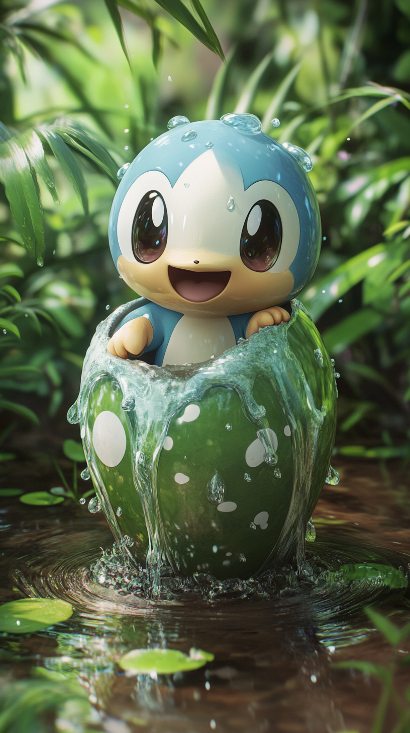 Baby Piplup pops out of water-themed egg happily.