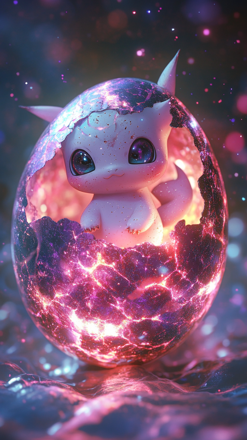 Baby Pokémon in cosmic egg with Mew features.