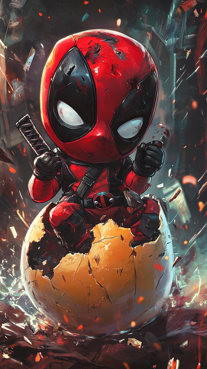 Baby Pokémon with Deadpool features hatching from egg in comic-style scene.