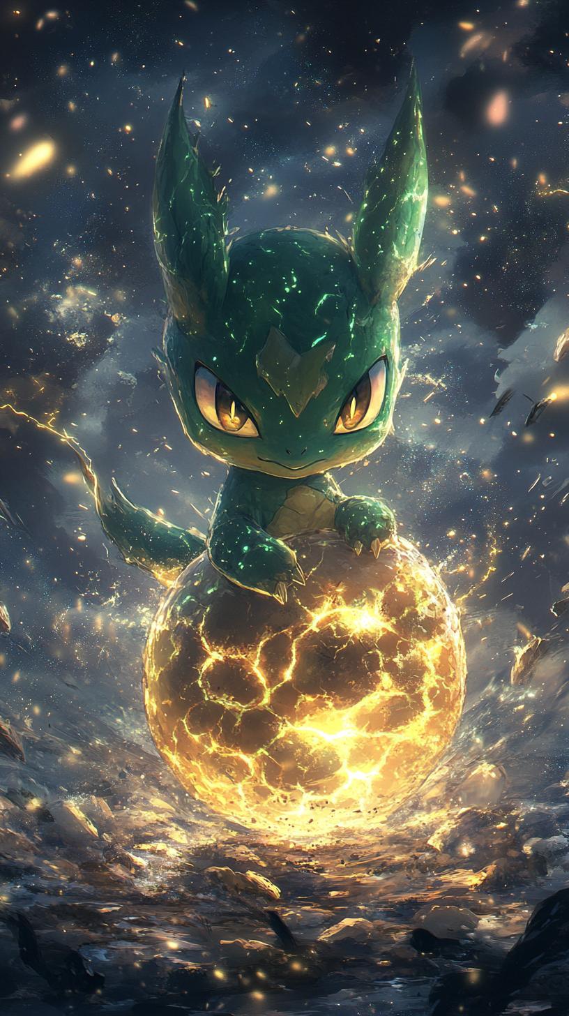 Baby Rayquaza emerges from cosmic egg, surrounded by stars.