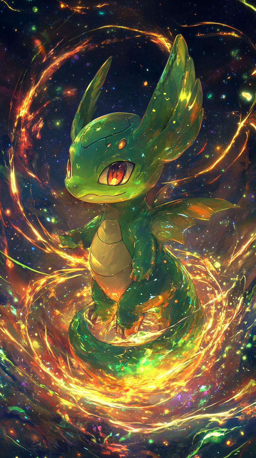 Baby Rayquaza emerges from cosmic egg in enchanting scene.