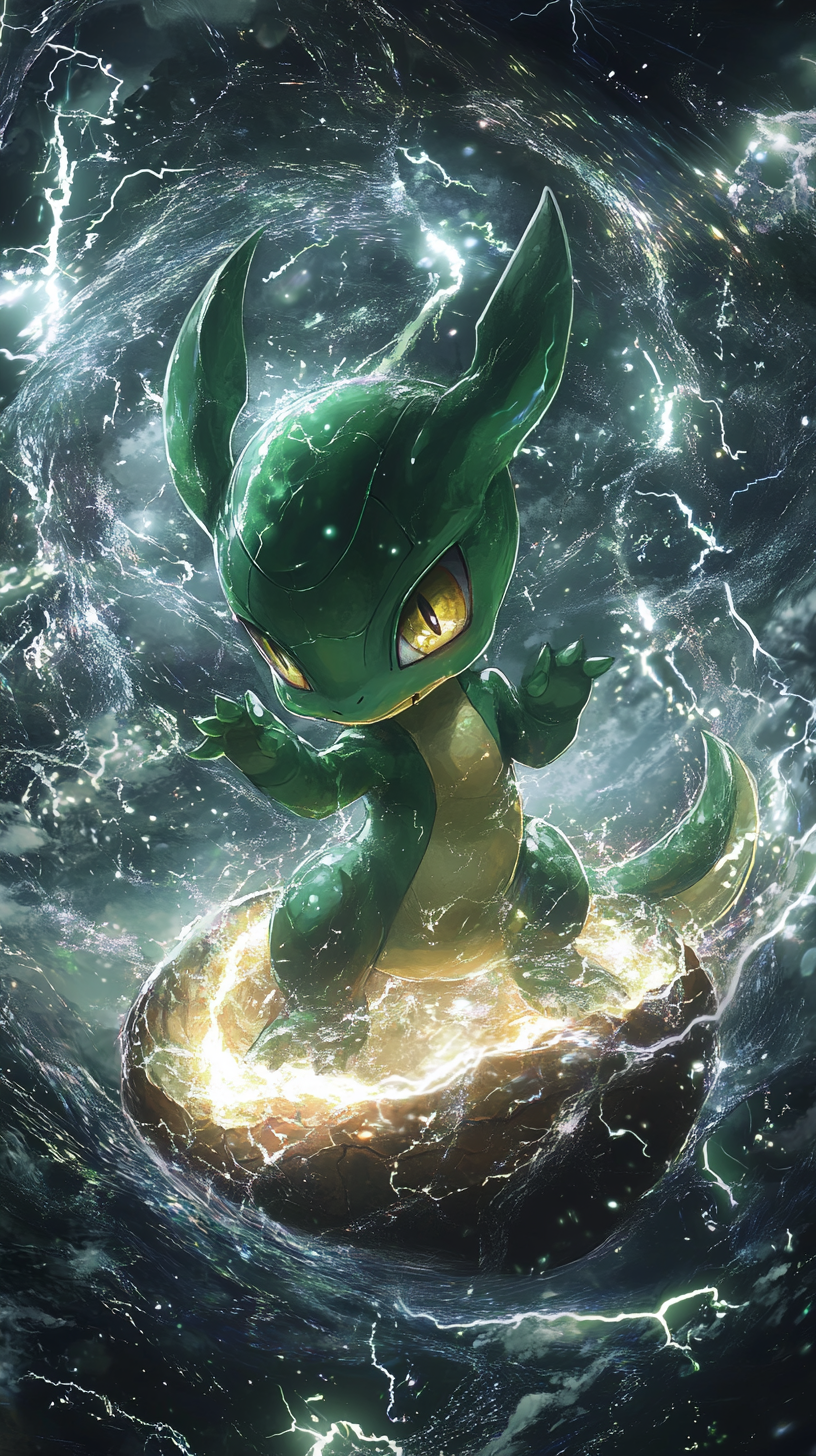 Baby Rayquaza in chibi-style emerges from cracked cosmic egg.