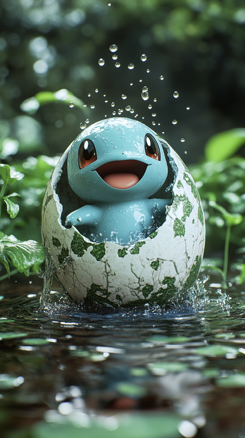 Baby Squirtle excitedly splashing out of water egg.