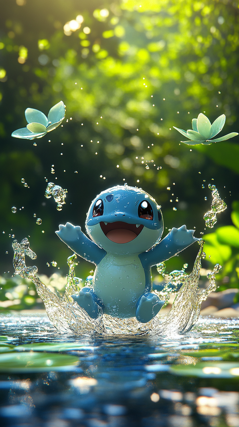 Baby Squirtle playing in pond with sparkling water.