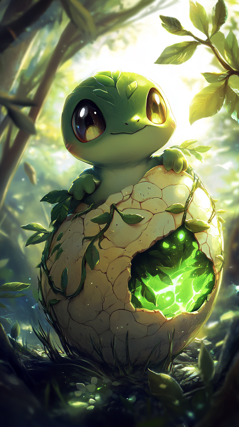 Baby Treecko hatching from cracked egg in forest scenery.