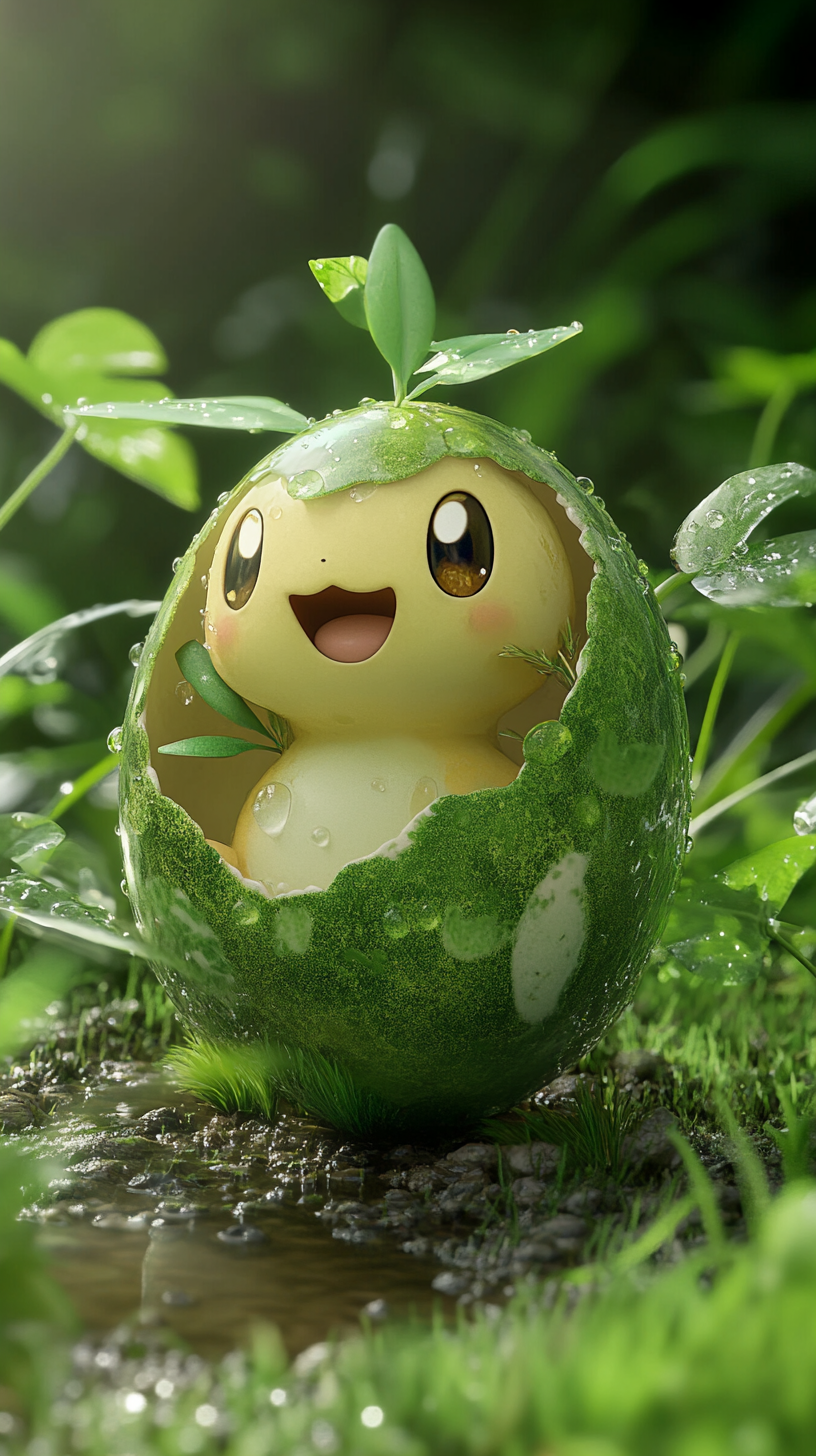 Baby Turtwig hatching from plant egg, happy expression.