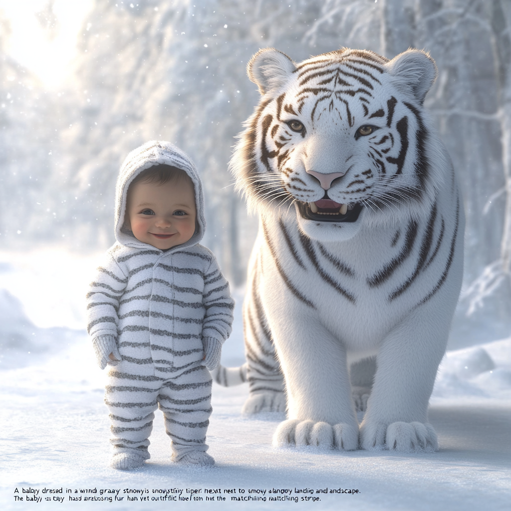 Baby and tiger in snowy landscape with stripes.