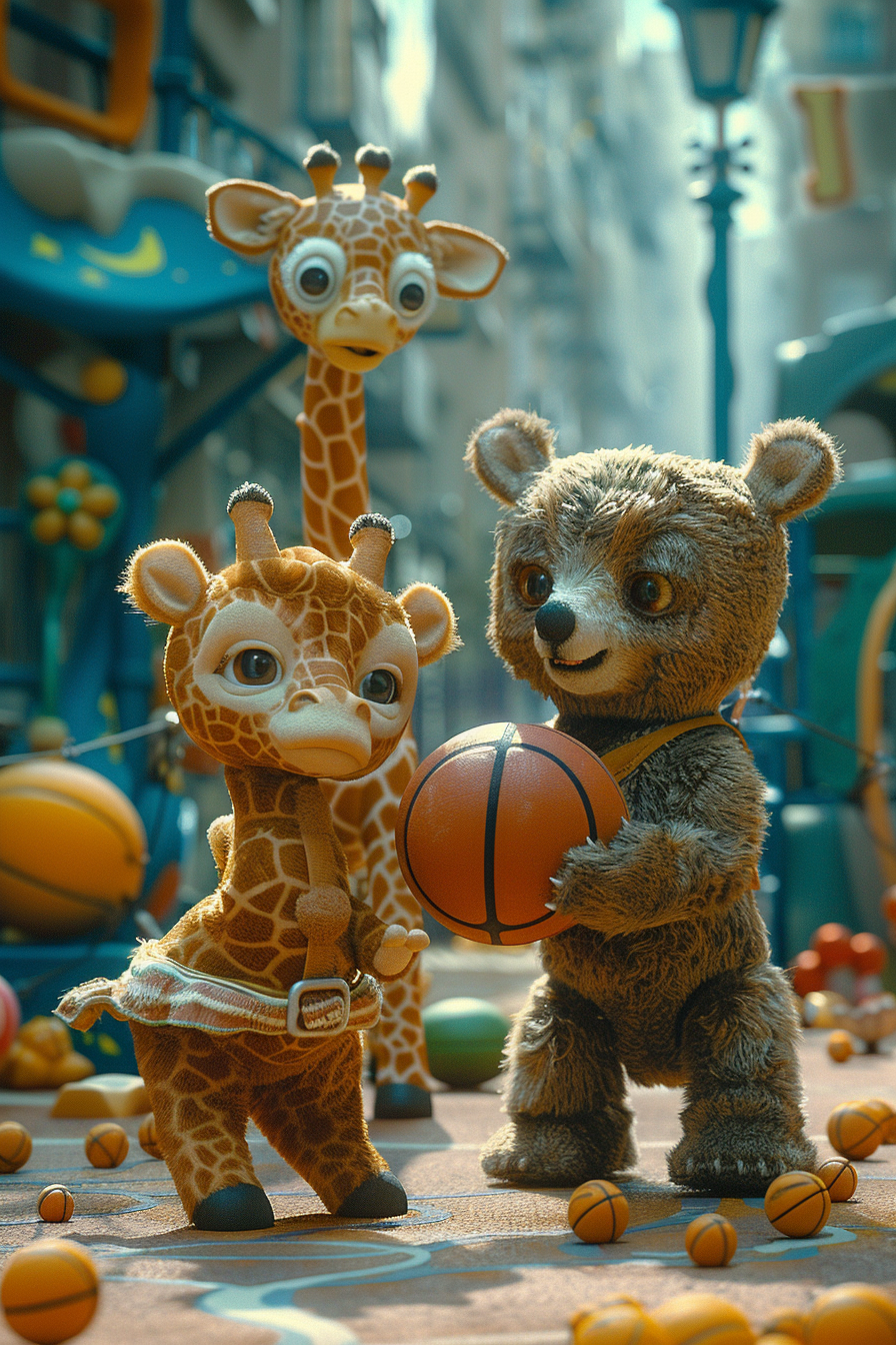 Baby animals play basketball in colorful giant's playground