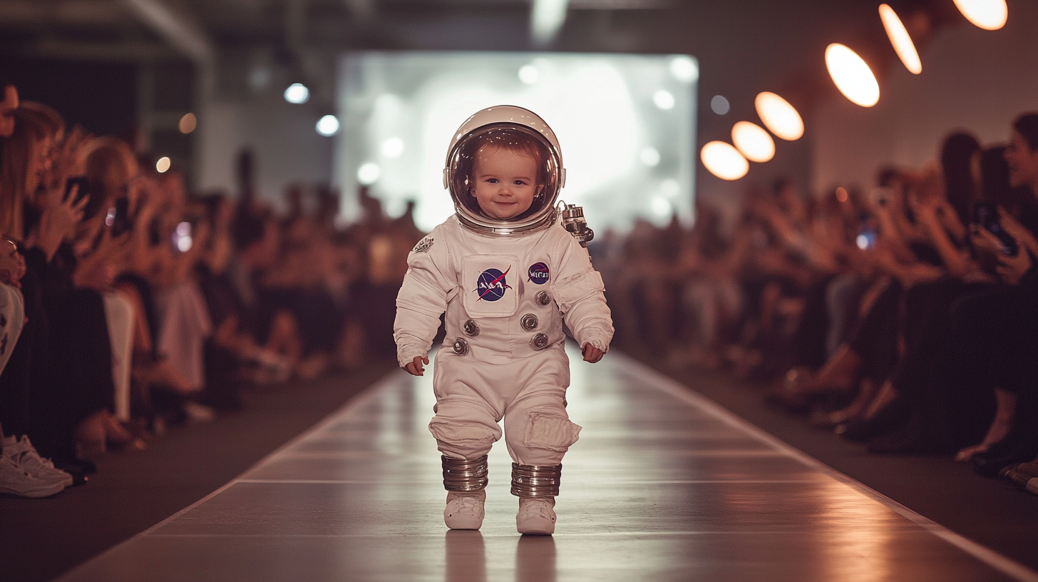 Baby astronaut confidently struts the runway, captivating all.