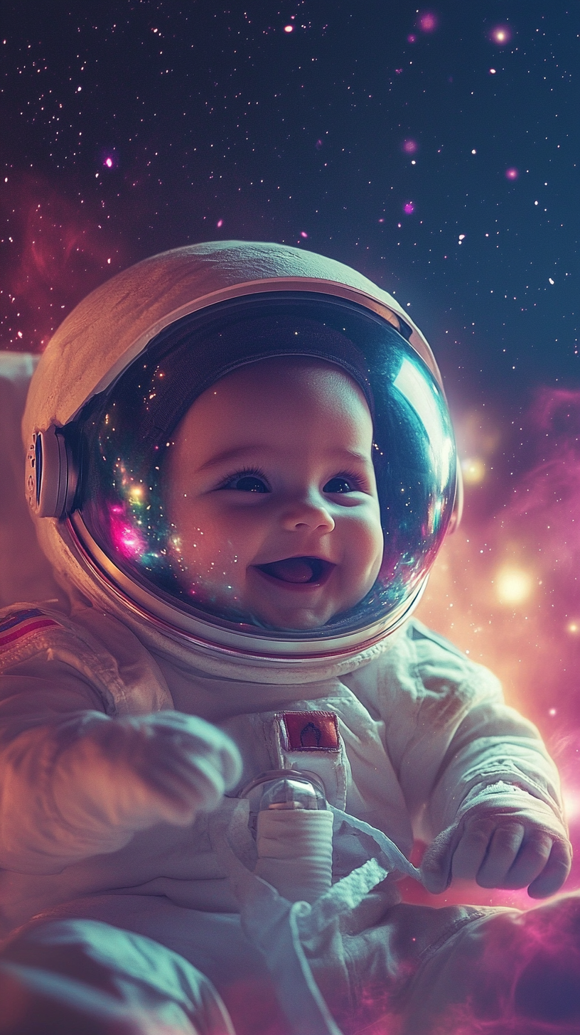 Baby astronaut in space with twinkling stars, smiling