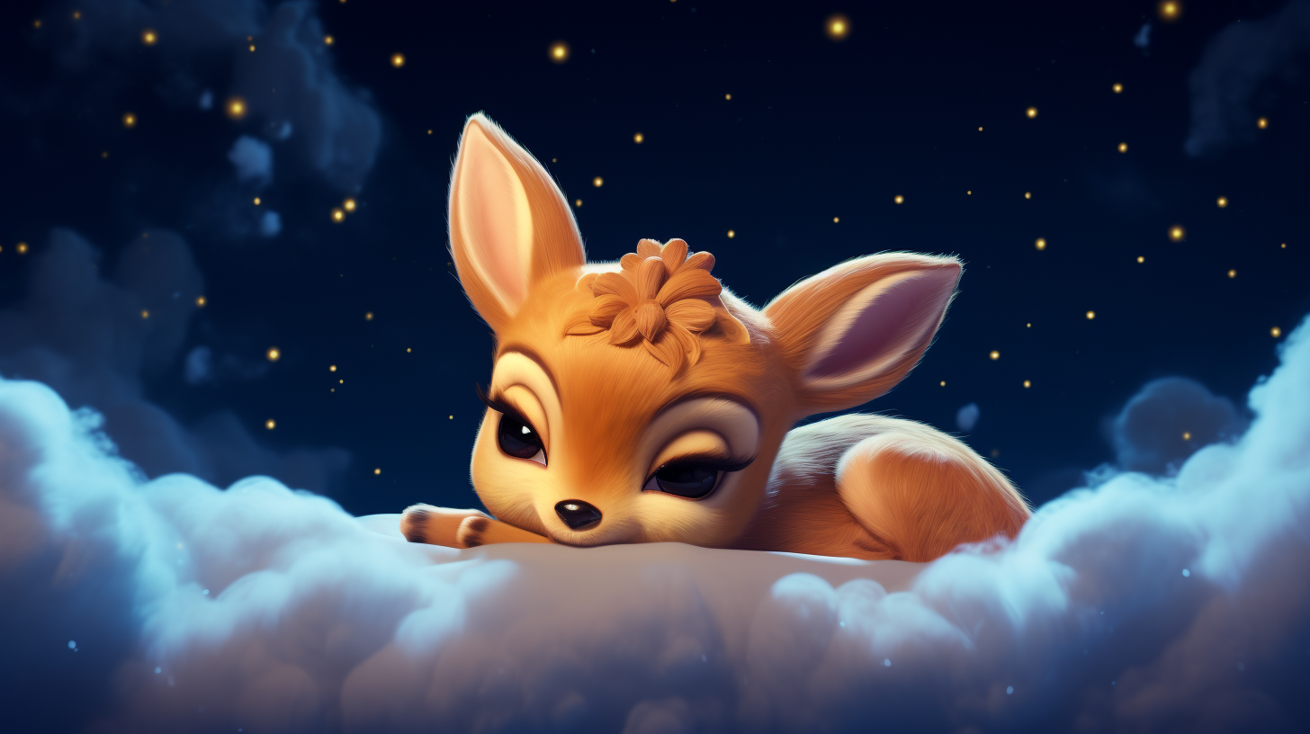 Baby deer sleeping on clouds under starry sky.