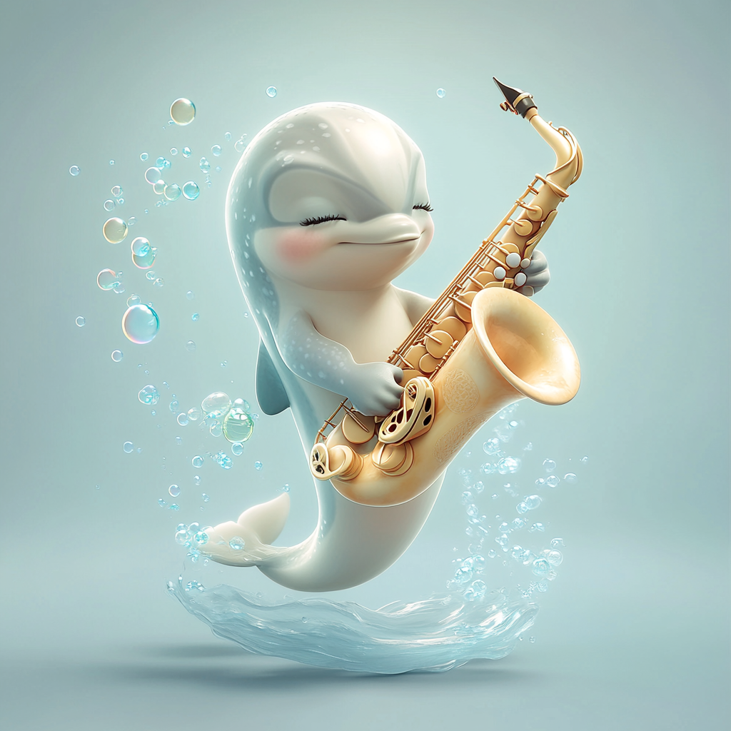 Baby dolphin plays saxophone made of conch shell