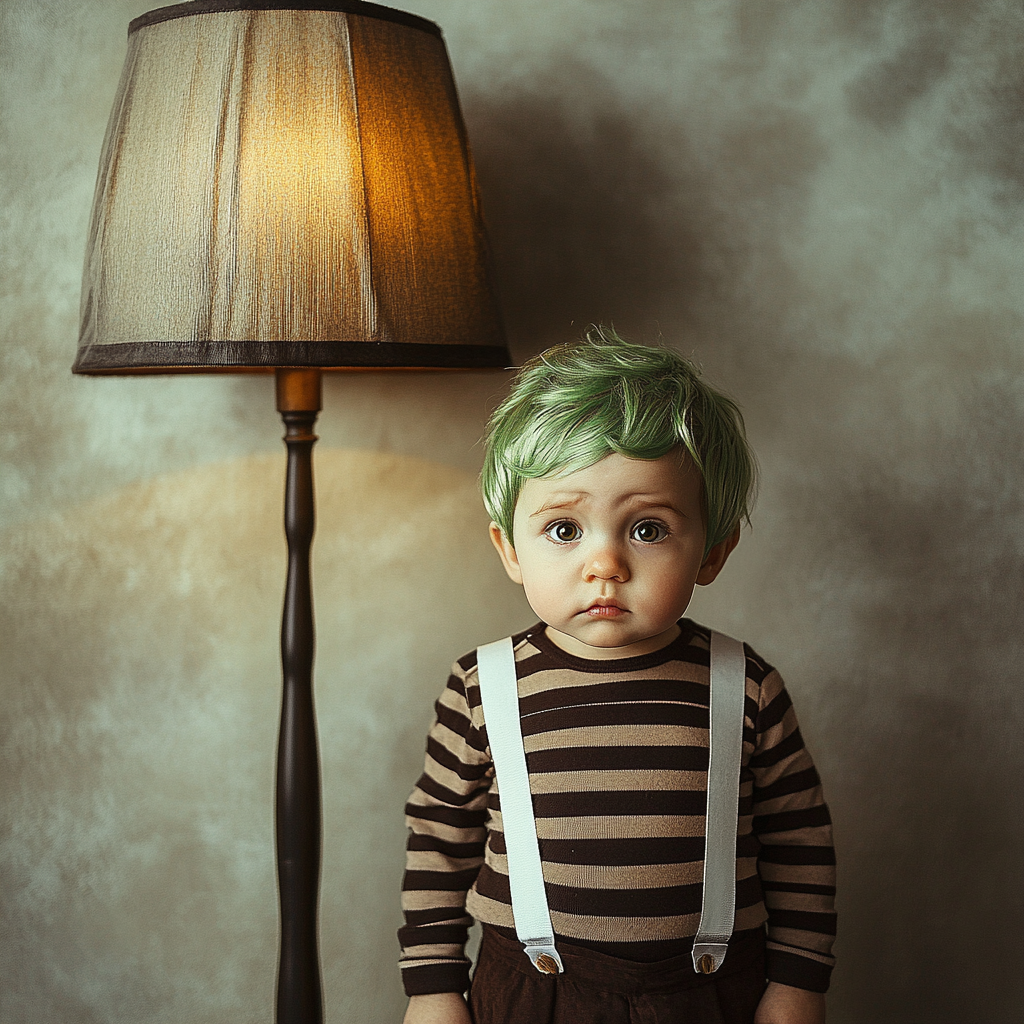 Baby dressed like Willy Wonka near lamp in room