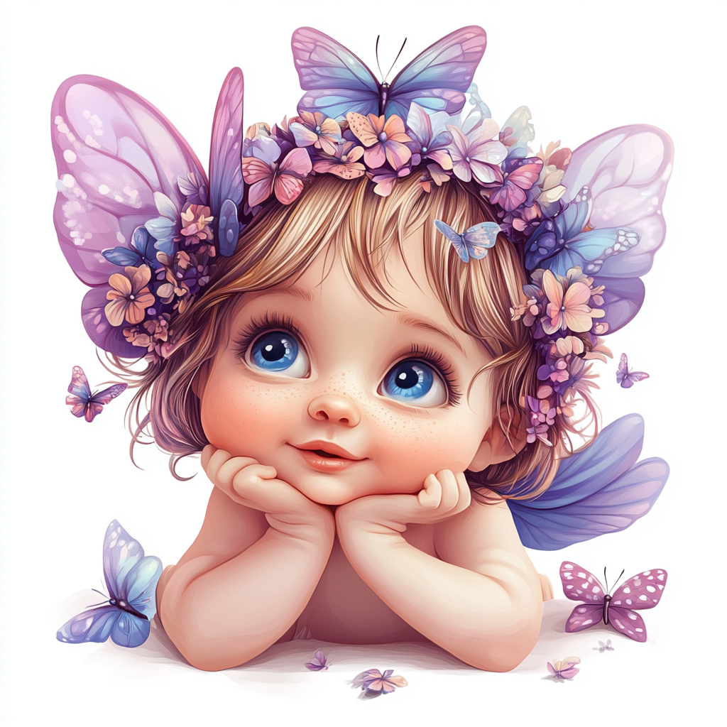 Baby fairy with butterfly headband, hand-drawn digital art.