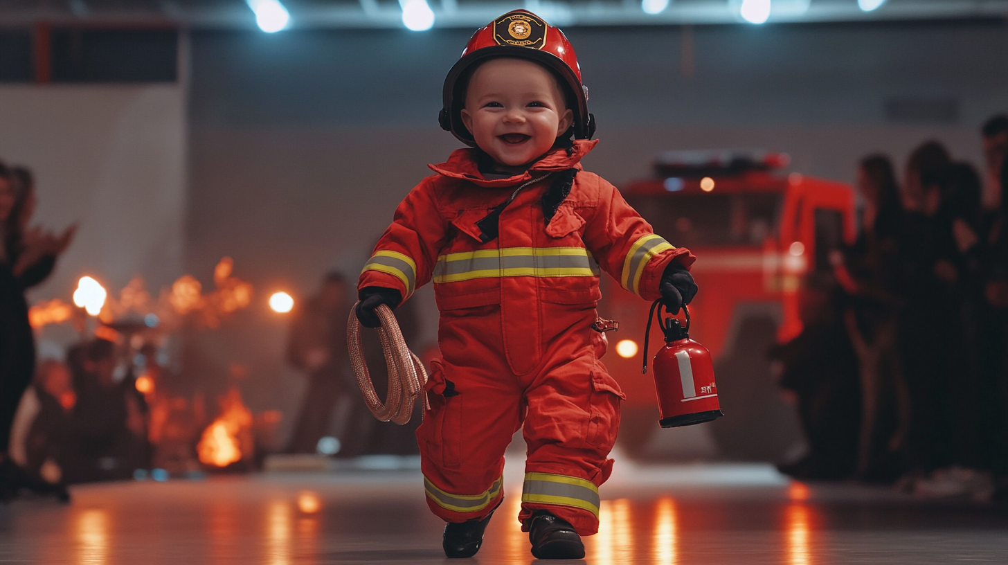 Baby firefighter confidently struts on runway, smiling brightly.