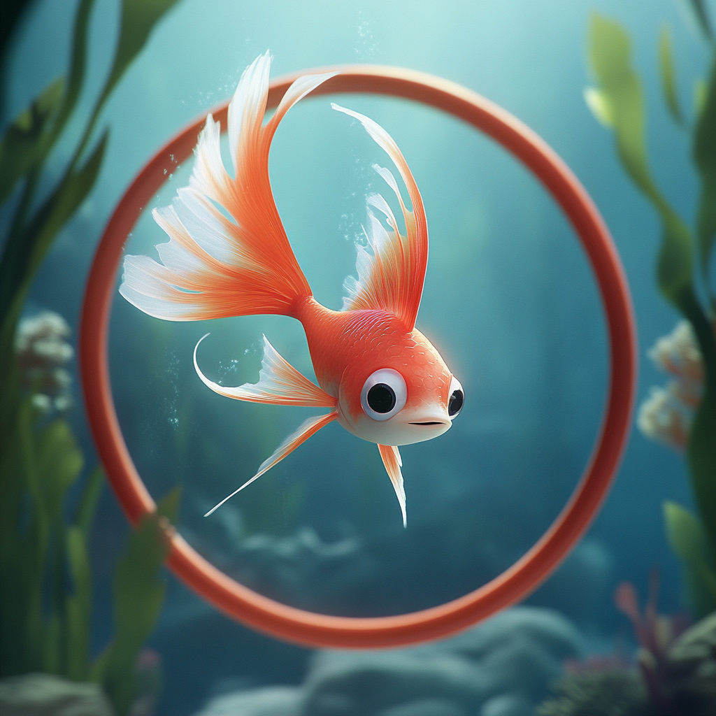 Baby firefish leaping through seaweed hoop - Pixar style