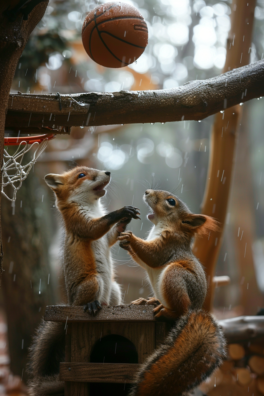 Baby fox and squirrel playing basketball in cozy treehouse