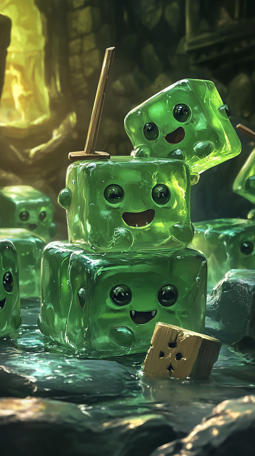 Baby gelatinous cubes playing with toys in dungeon.