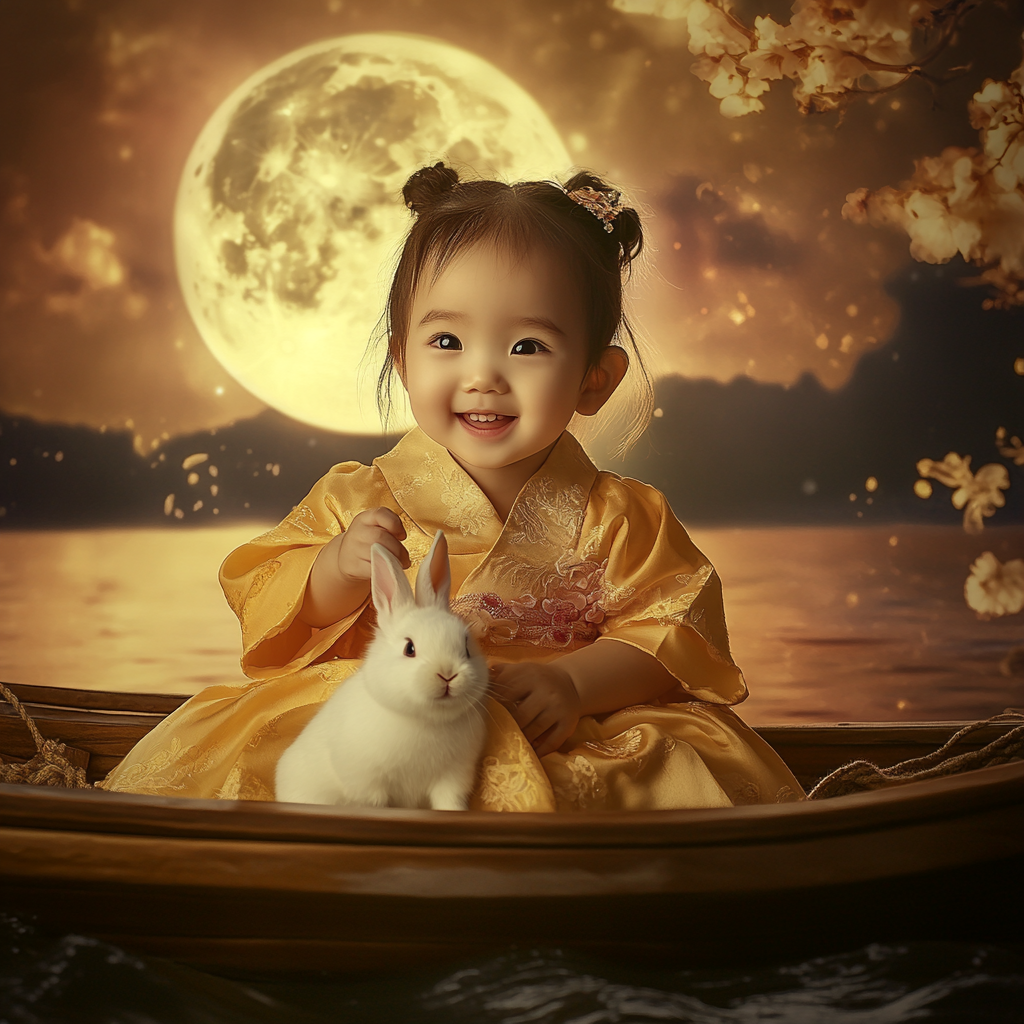 Baby girl in hanfu sitting in boat with bunny.