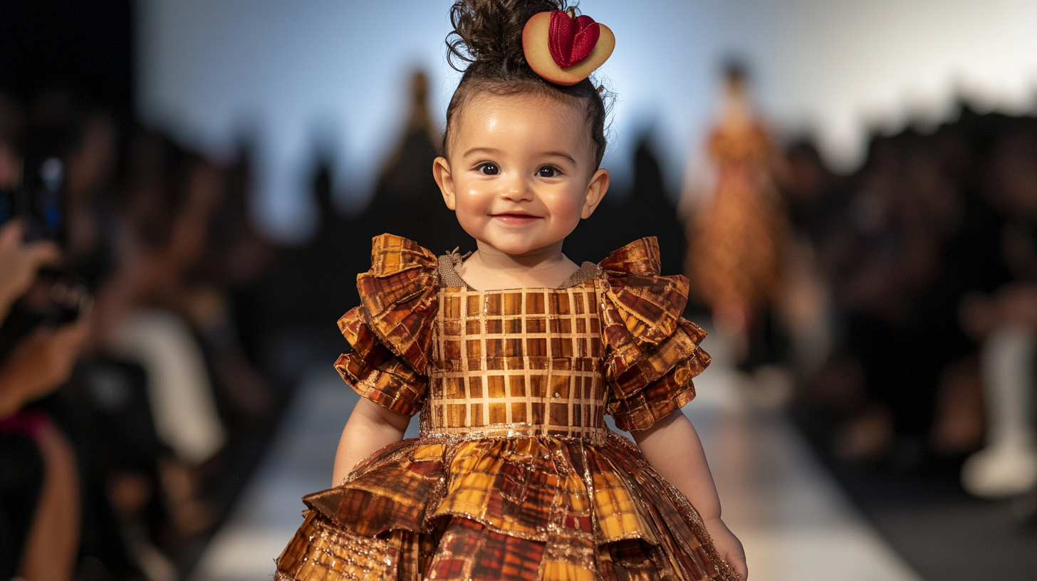 Baby in Apple Pie Outfit Strutting on Runway