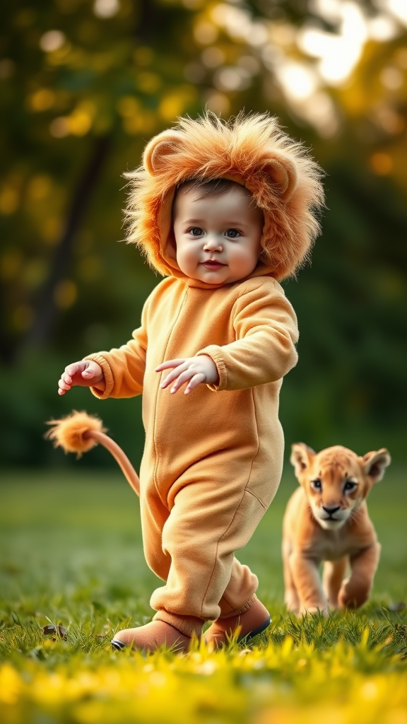 Baby in Lion Costume Dancing with Lion Cub