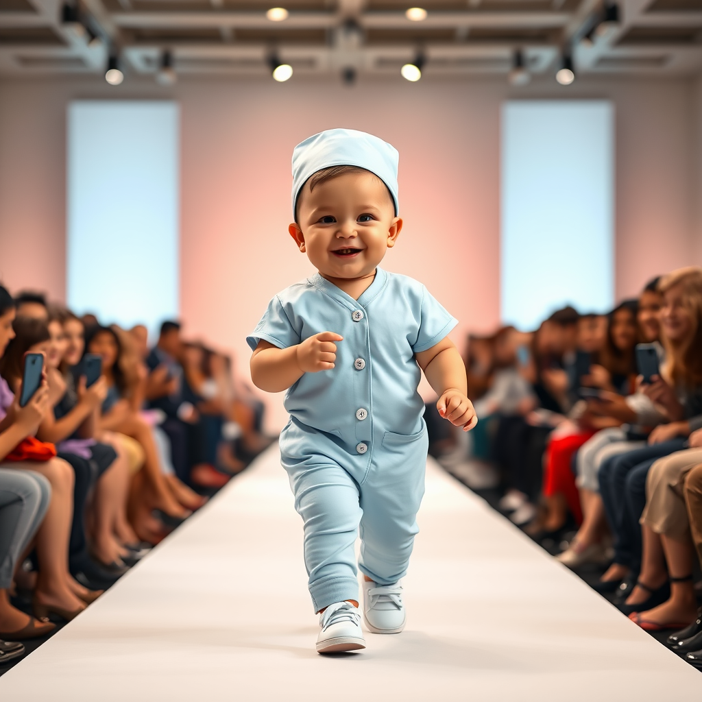 Baby in Nurse Uniform Charms Runway Audience