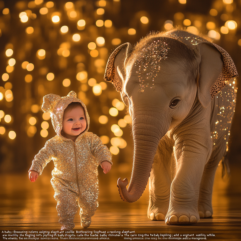 Baby in elephant costume walks with real elephant.