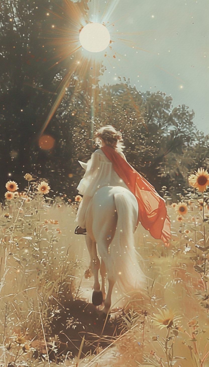 Baby in flower crown on white horse near sunflowers.