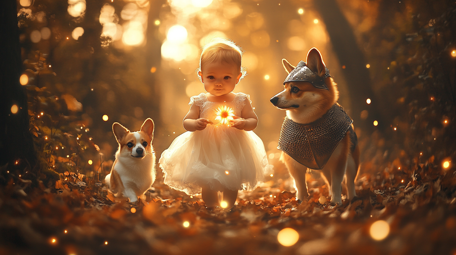 Baby in wedding dress walks in forest with corgi.