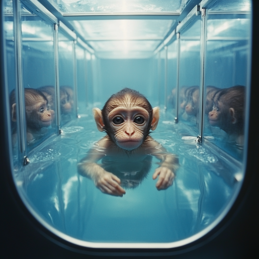 Baby monkey floating in water tank with others.