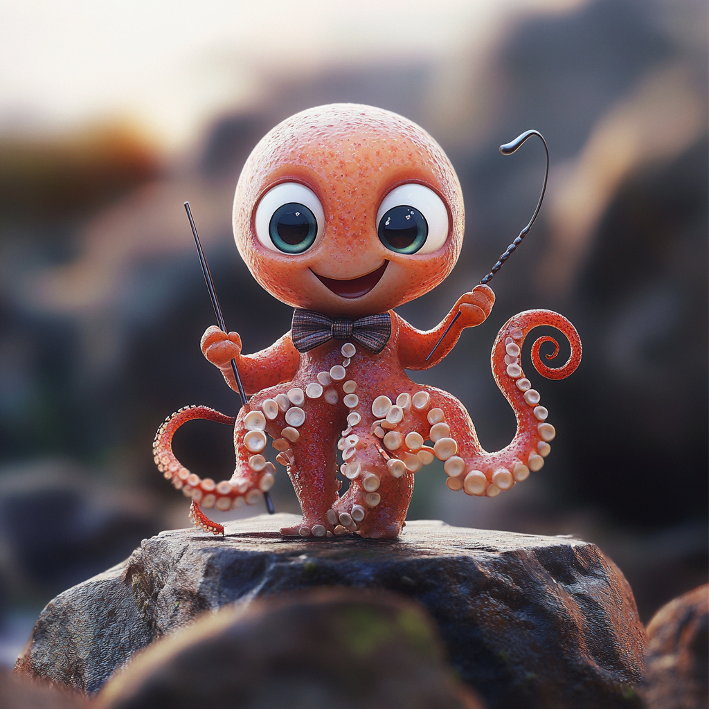 Baby octopus orchestra conductor in Pixar style 