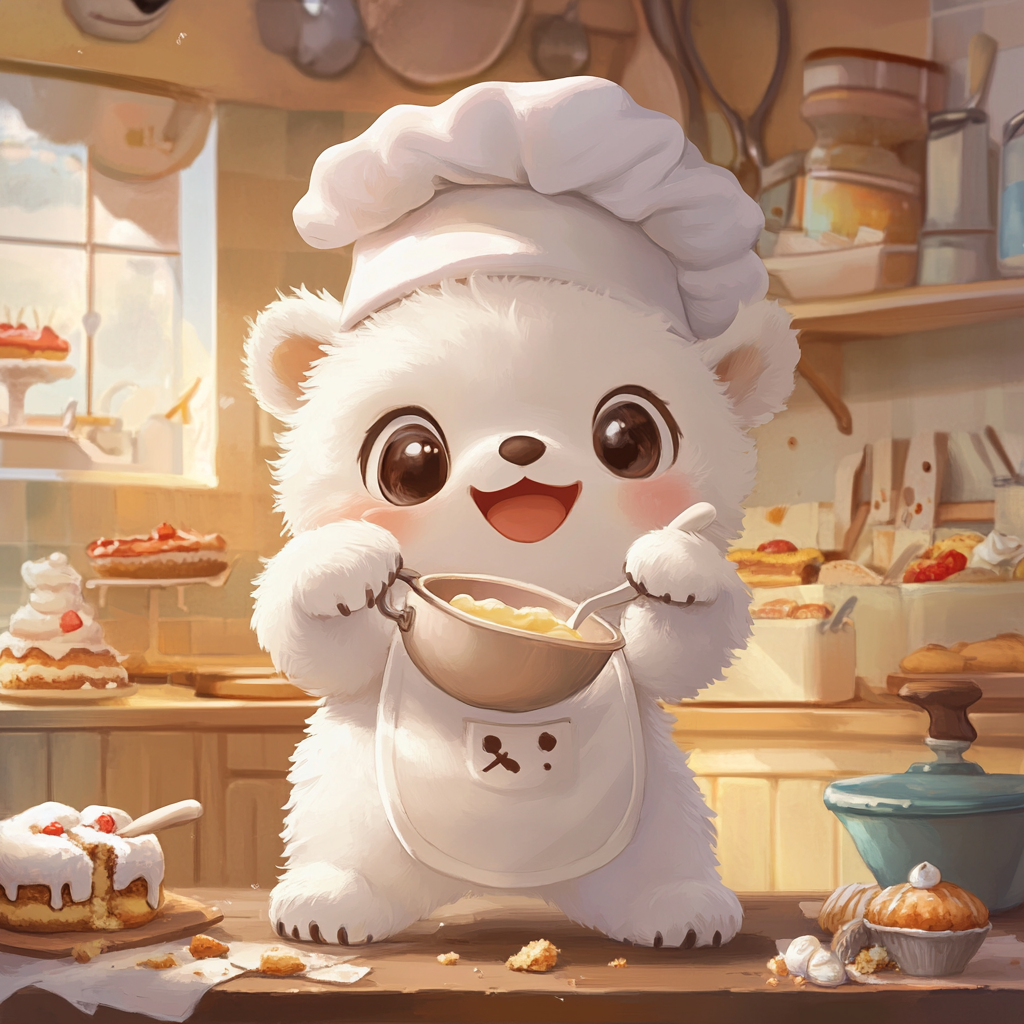 Baby polar bear in chef outfit baking joyfully.