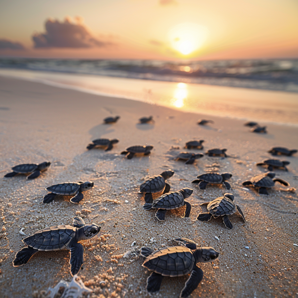 Baby turtles hatching on beach, crawling oceanward, early morning.