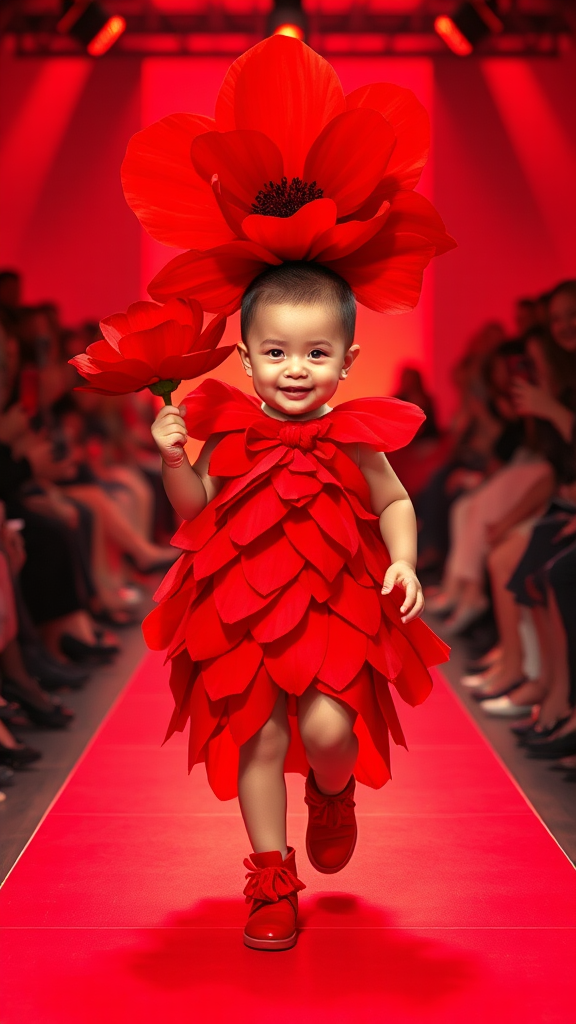 Baby walking confidently in vibrant red flower runway show.